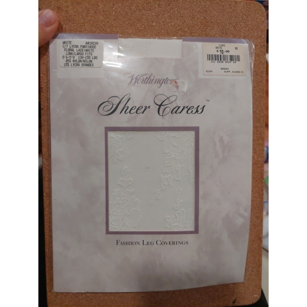 Worthington Sheer Caress White Lycra Pantihose Floral Lace Long USA